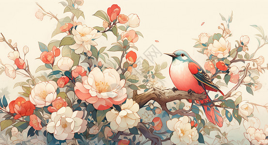 站在树枝上的一只漂亮的卡通小鸟图片