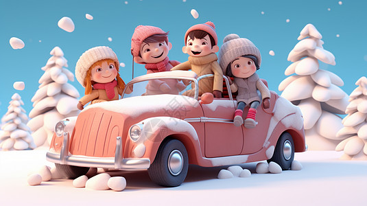 车舞台大雪中在车上一起玩耍的卡通男孩女孩插画