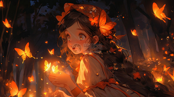夜晚在森林中看着飞舞的发光蝴蝶的长发卡通小公主图片