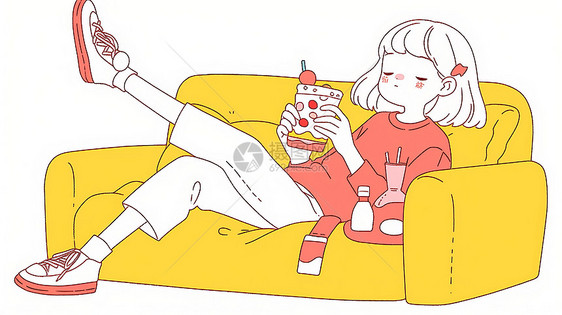 躺在黄色上喝饮料的可爱卡通女孩图片