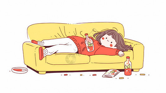 穿着红色毛衣躺在沙发上喝饮料摆烂的可爱卡通女孩图片