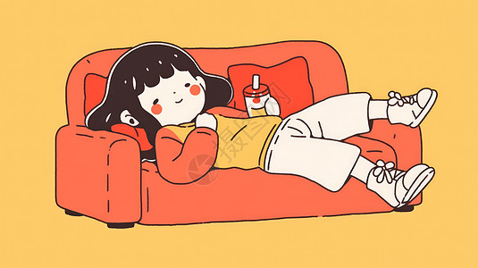 躺在沙发上喝饮料的可爱卡通小女孩图片