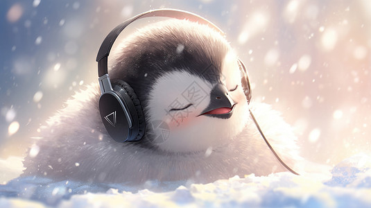 冬天在雪地里享受音乐的可爱卡通企鹅图片