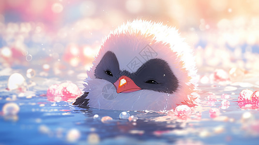 在冰水中洗澡的可爱卡通企鹅图片