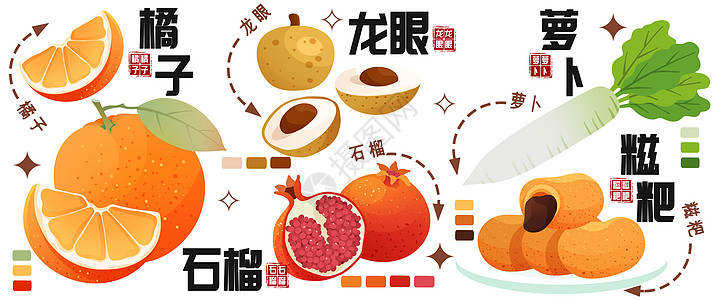 白萝卜食物秋冬美食插画橘子糍粑插画