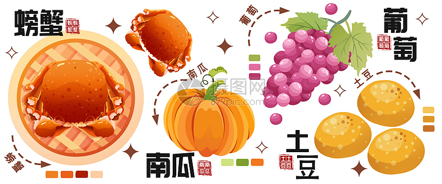 秋冬美食插画螃蟹南瓜图片