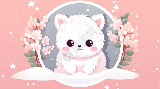粉色背景上一只可爱的卡通小白猫图片