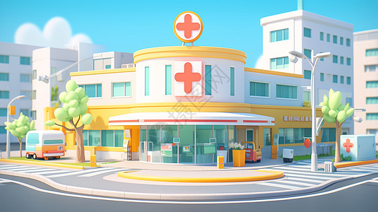 路口处一座卡通社区医院背景图片