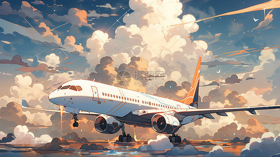 在高高的云朵下停在飞机场一架卡通飞机图片