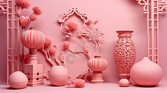 粉色主题立体喜庆的卡通与花瓶图片
