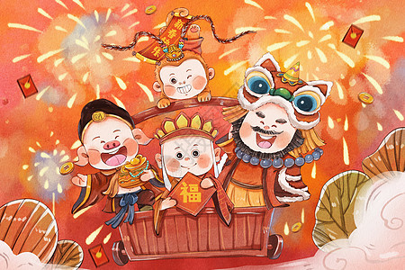 新年快乐插图新春版西游记合照祝福新年快乐可爱插画插画