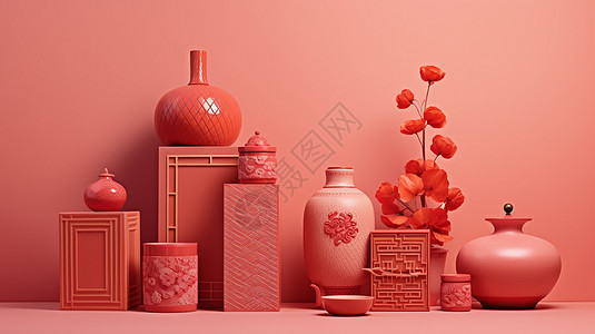 中国风各种喜庆的红色卡通花瓶背景图片