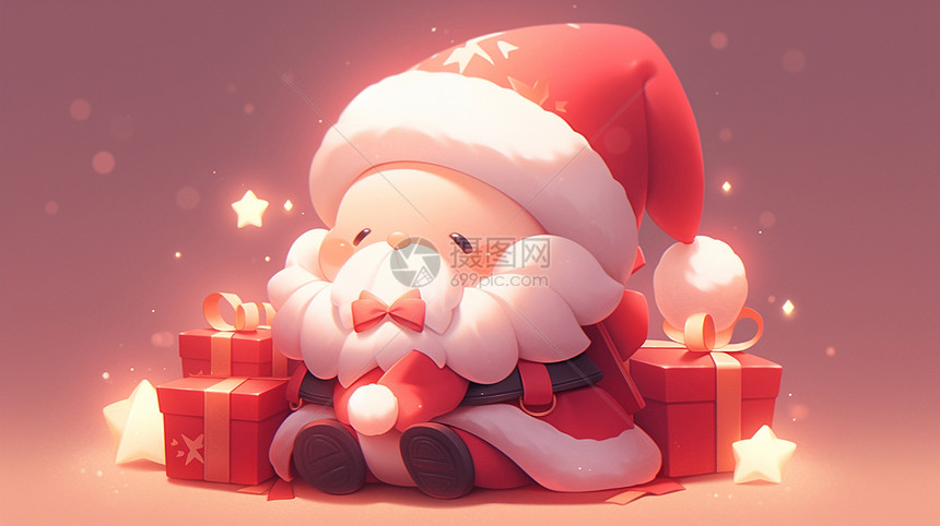 坐在礼物旁可爱的卡通圣诞老人图片