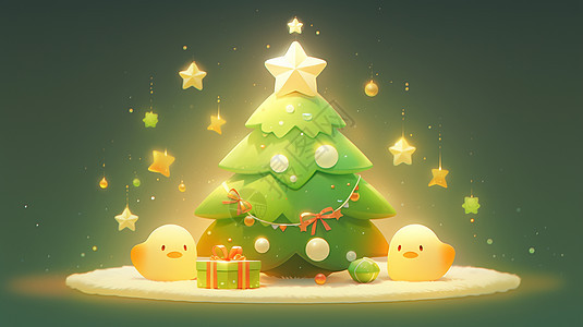 树尖上有黄色可爱的卡通星星的圣诞树图片