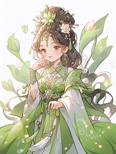 在绿色植物前的古风装扮卡通长发公主背景图片
