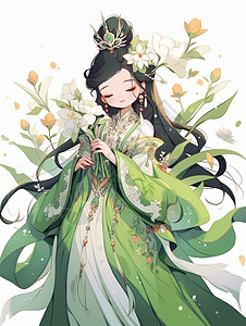 穿绿色古风长裙手拿花朵的长发卡通公主图片