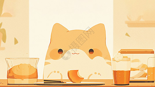 面带微笑吃早餐的卡通小猫图片