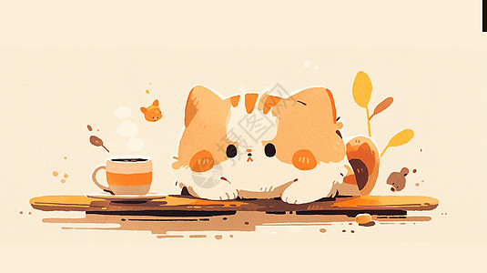 摘咖啡坐在餐桌旁喝咖啡的卡通小黄猫插画