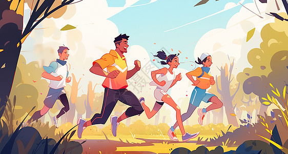 男人运动在森林中跑步的卡通男人女人插画