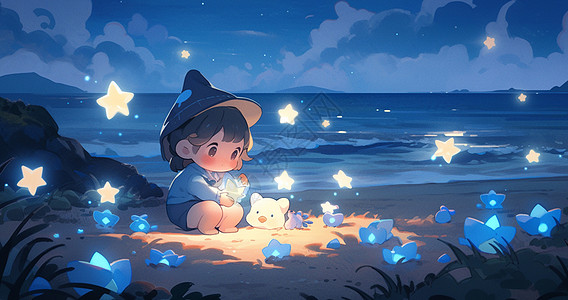 夜晚在沙滩上看着发光星星的可爱卡通小女孩高清图片