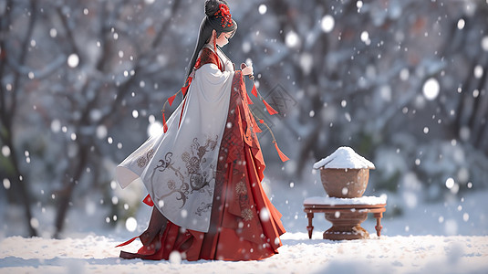 冬天穿着红色裙子在风雪中的古风装扮卡通女孩图片