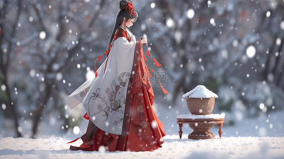 冬天穿着红色裙子在风雪中的古风装扮卡通女孩图片