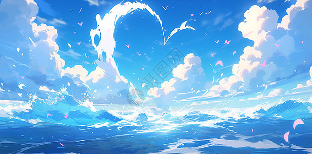 大海上空美丽的爱心形状卡通云朵图片