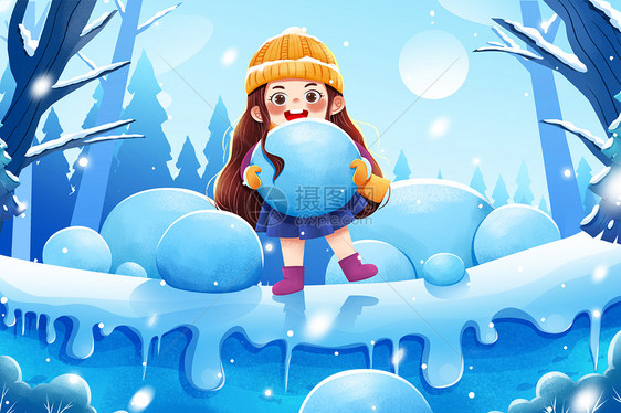 蓝色唯美冬季抱雪球女孩小雪插画图片