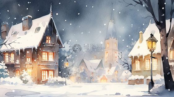 夜晚雪中的温馨的卡通小镇图片