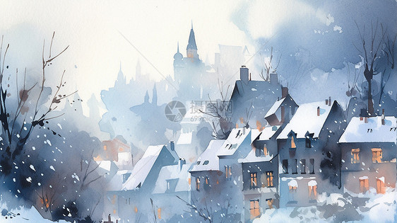 水彩风冬天小镇雪中温馨的卡通房子图片