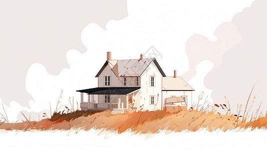 秋天金黄色的山坡上一座白色卡通小房子图片
