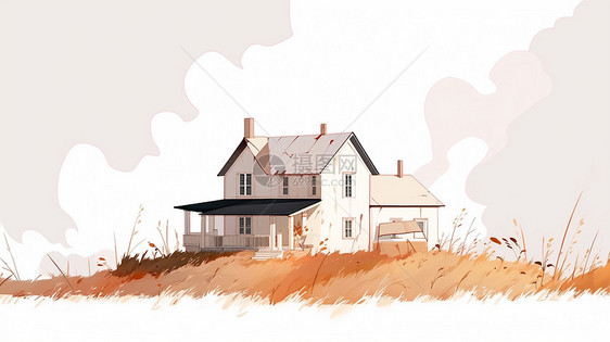 秋天金黄色的山坡上一座白色卡通小房子图片