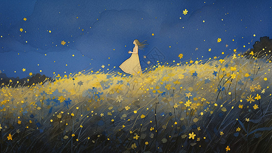 夜晚站在开满小黄花的草地上的卡通小女孩图片