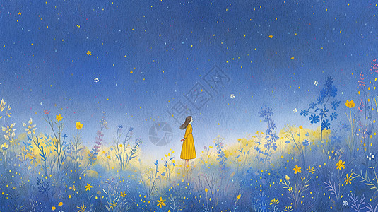 穿黄色长裙的卡通女孩站在野外蓝蓝的星空下图片