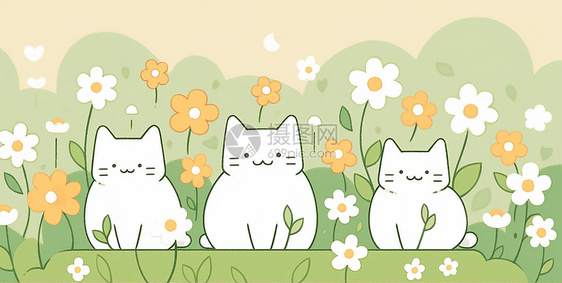 在开满鲜花的草地上三只可爱的卡通小猫图片