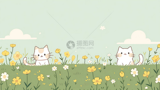 在开满鲜花的草地上两只可爱的卡通小白猫图片