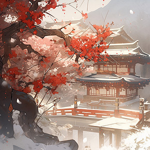 冬天大雪中盛开的古树梅花与古风建筑卡通山水风景画背景图片