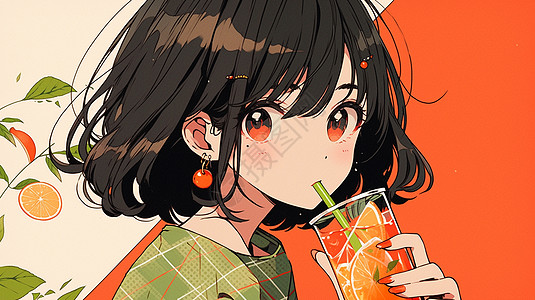 咸奶茶正在喝橙汁的黑色短发时尚卡通女孩插画