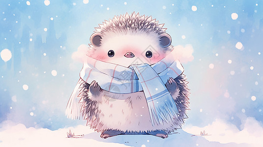 冬天大雪中围着围巾可爱的卡通小刺猬图片
