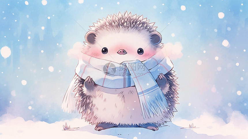 冬天大雪中围着围巾可爱的卡通小刺猬图片