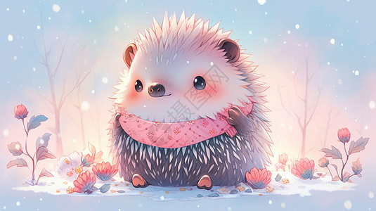 冬天大雪中围着粉色围巾可爱的卡通小刺猬图片