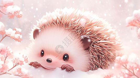 冬天趴在雪地中面带微笑可爱的卡通小刺猬图片