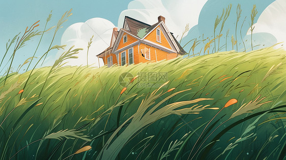 厚厚的草地中一座橙色可爱的卡通小木屋图片