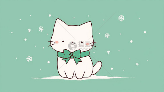 冬天大雪中的可爱的卡通小猫绿色背景图片