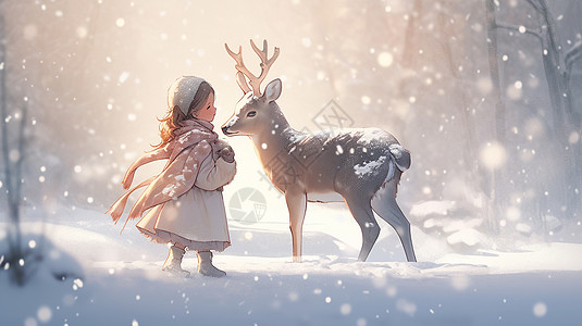 大雪中在森林中的卡通女孩与驯鹿图片