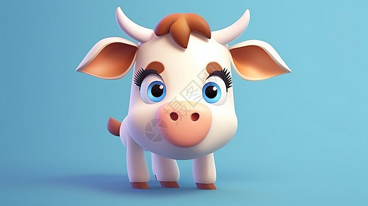 蓝色背景上可爱的大眼睛卡通小奶牛图片
