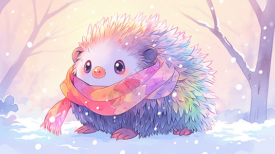 围彩色围巾在大雪中可爱的卡通小刺猬图片
