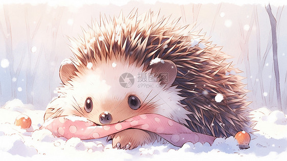 抱着粉色围巾在雪地中的可爱卡通刺猬图片