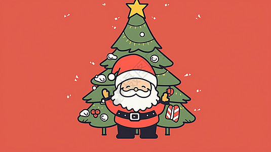 简约可爱的卡通圣诞老人与圣诞树背景图片