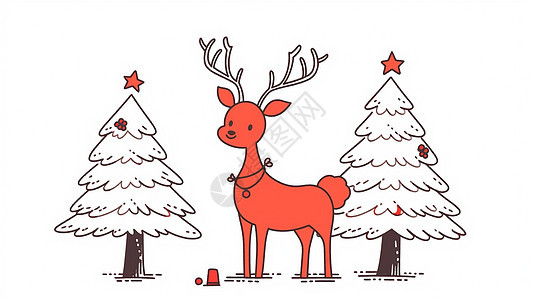 红色喜庆的卡通小鹿站在圣诞树旁图片